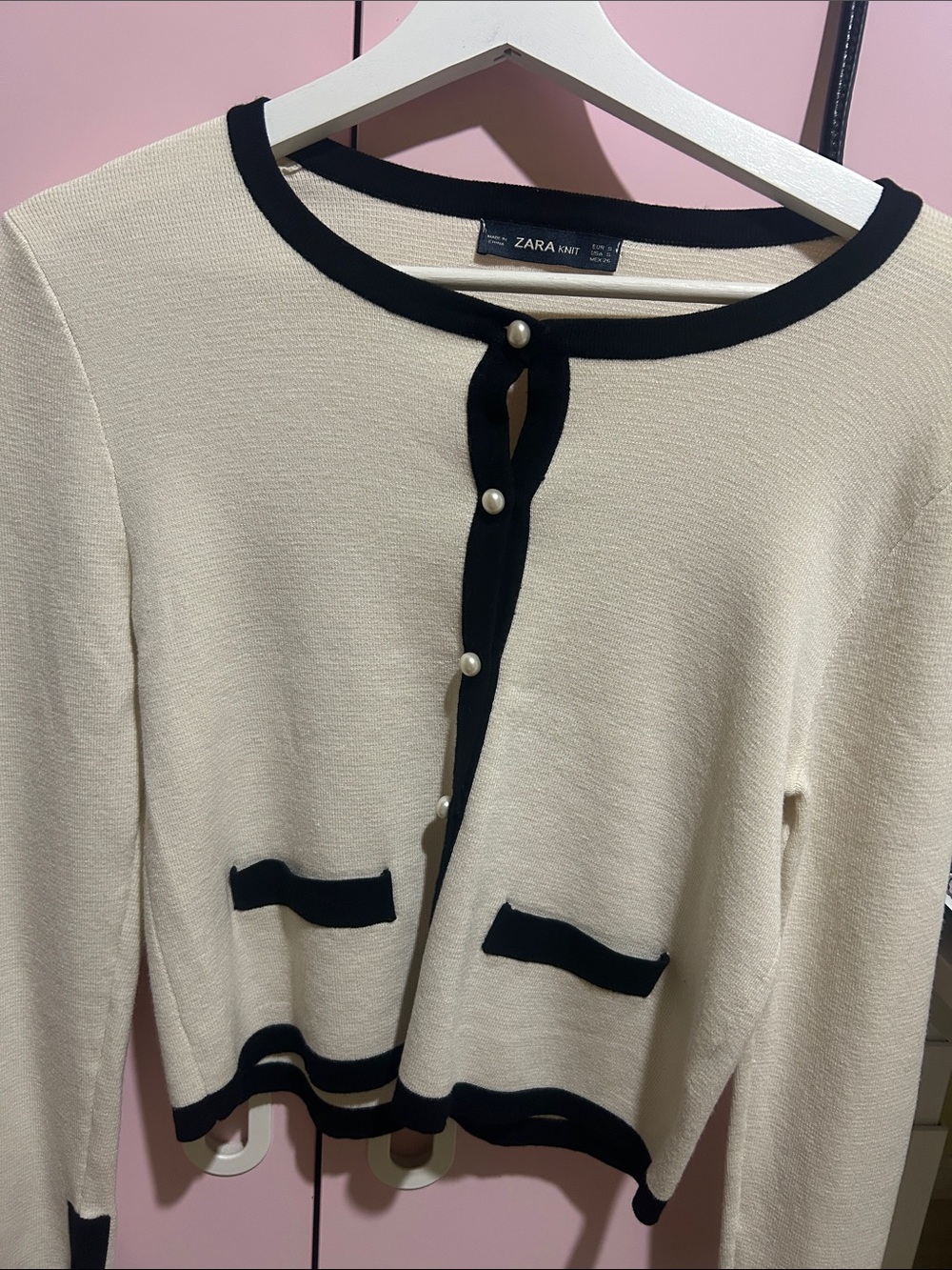 ZARA Knit Collection White Pearl Button-Up Cardigan Blouse